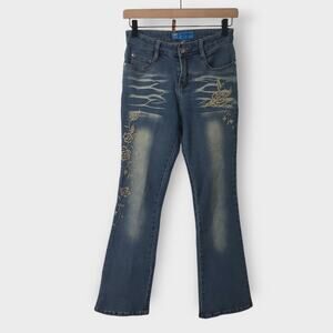 Colfeelor Jeans Womens Floral Bead‎ Embroidered Y2K Flare Leg Low-Rise Sz 25